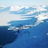 Aerial view of Longyearbyen in winter at Spitsbergen.